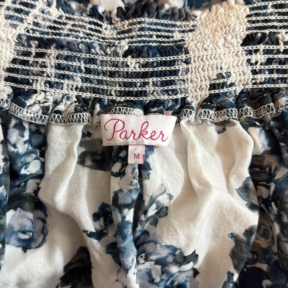 Parker Blue and White Floral Smocked 3/4 Sleeve Off Shoulder Blouse Size Medium - Picture 5 of 8